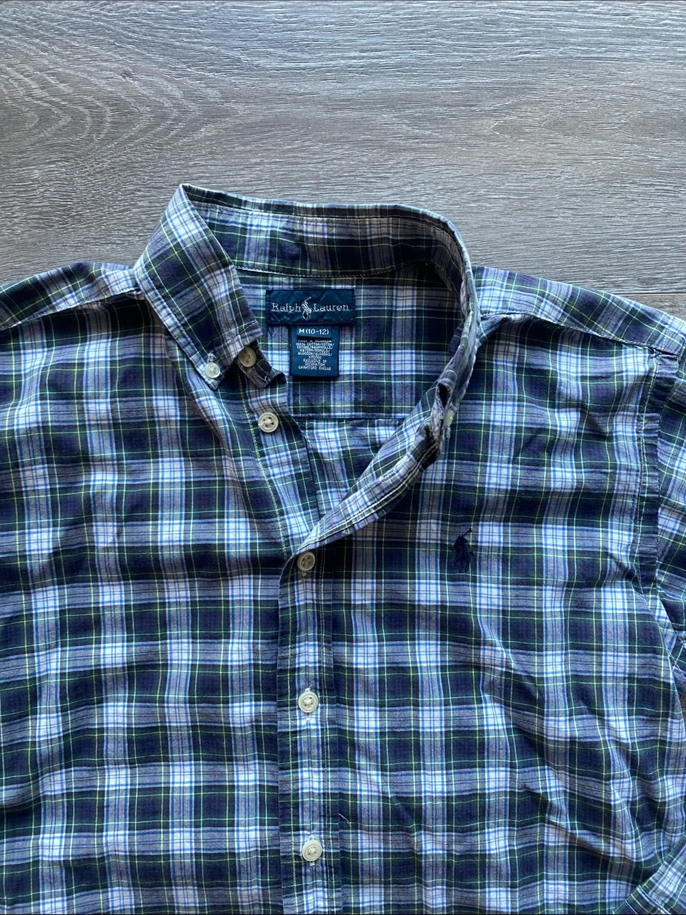 Ralph Lauren Plaid Button Down Shirt in Navy and Green Boys Sz Medium 10-12